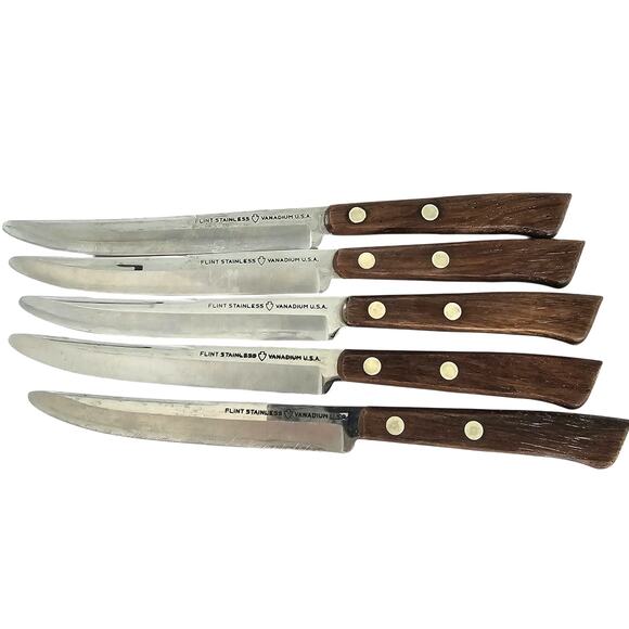 Vintage Flint Steak Knives Stainless Steel Arrowhead Vanadian USA Wood Handle - Picture 1 of 6